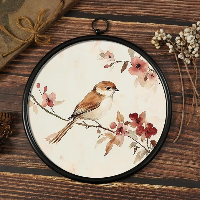 XIAOAIKA Round Vintage Wall Hanging Decor, Printed Textured Surface with Wood Back, Bird Design, Black Metal Frame, Ready to Hang for Living Room Bedroom, 10 Inch