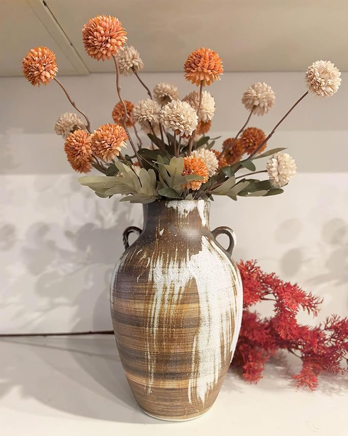 Rustic Pottery Vase - 10" Handmade Brown and White Farmhouse Vase with Handle, Unique Boho vase, Decorative Neutral Vases Home Decor, Vintage Ceramic Flower vases for Living Room, Kitchen Decor
