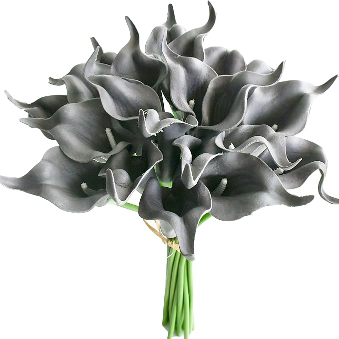 Mandy's PU Dark Grey Calla Lily Artificial Flowers 20 Stems 13.5in Faux Realistic Centerpiece for Thanksgiving and Christmas Decorations DIY Bridal Bouquet Home Décor