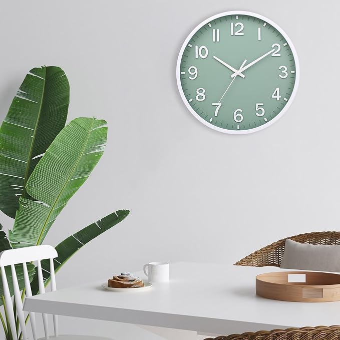 Wall Clocks Battery Operated 12 inch Modern Wall Clock,Silent Non Ticking Wall Clock for Living Room Bedroom Kitchen Office Classroom Decor (Green White)