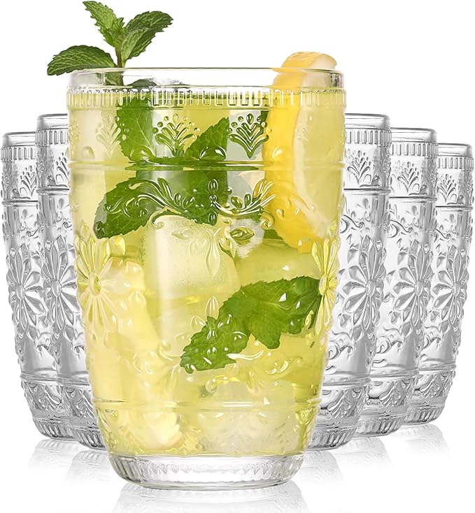 abrwyy Glasses Drinking Set, Drinking Glasses Set of 6, Water Glasses, Kitchen Glasses, Vintage Glassware, 14oz Glass Cups, Clear Drinking Glasses for Dinner Home Party Wedding