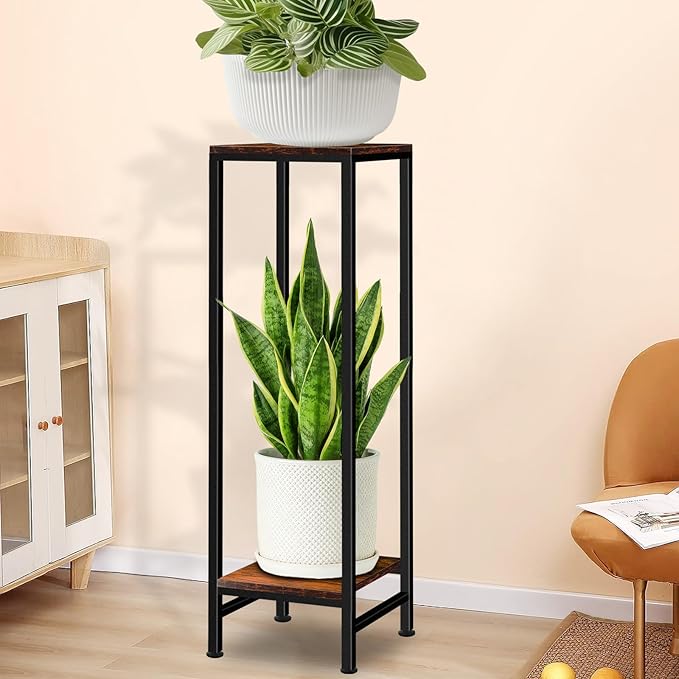 LUBORN 41" Tall Plant Stand Indoor, 2 Tier Plant stands for Indoor Outdoor Plants, Heavy Duty Flower Stand Metal Pedestal Stand Modern Display Rack for Living Room, Brown
