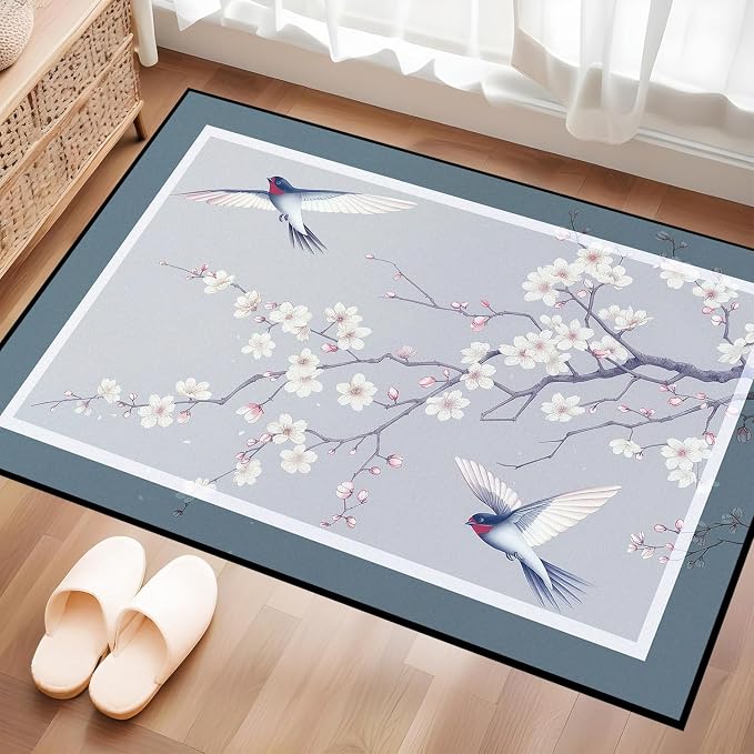 Cherry Blossom Area Rug 3D Swallow Sakura Floral Rugs for Entryway Bedroom Living Room Kitchen Home Decor Soft Non Slip Indoor Carpet Washable Low Pile Floor Mat,2'x3'