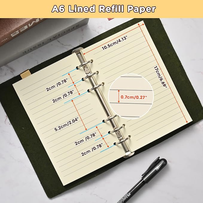 A6 6-Hole Lined Loose-Leaf Paper, Beige – Refill Pages for Standard A6 6-Ring Binder, Journals, Planners – Ideal for Office, Study, Recipes, Travel & Budgeting – 80 Sheets