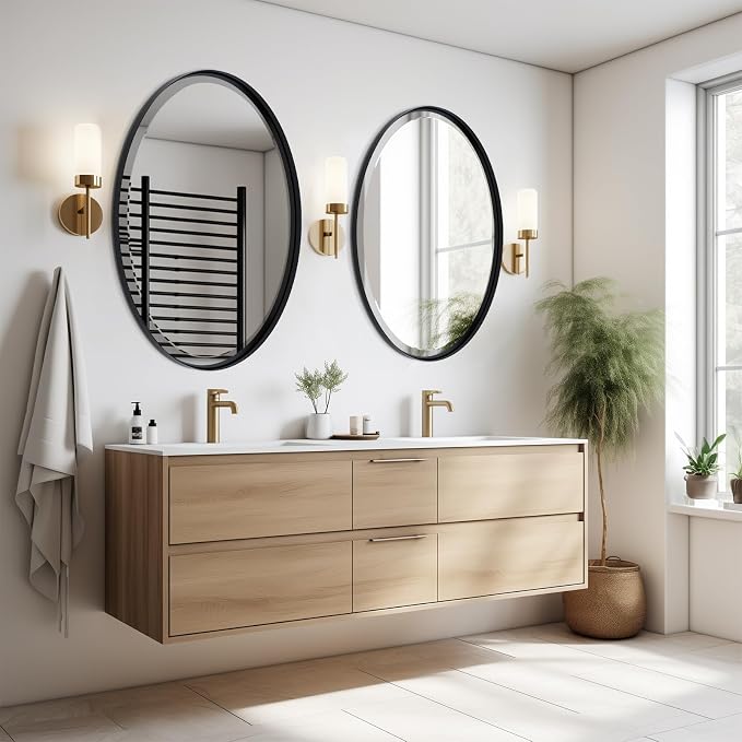 POZINO Oval Beveled Mirror, 24"x36" Bathroom Vanity Mirror for Over Sink, Matte Black Modern Oblong Wall Mirror for Living Room Entryway Bedroom Hallway Fireplace, Hangs Horizontal Or Vertical