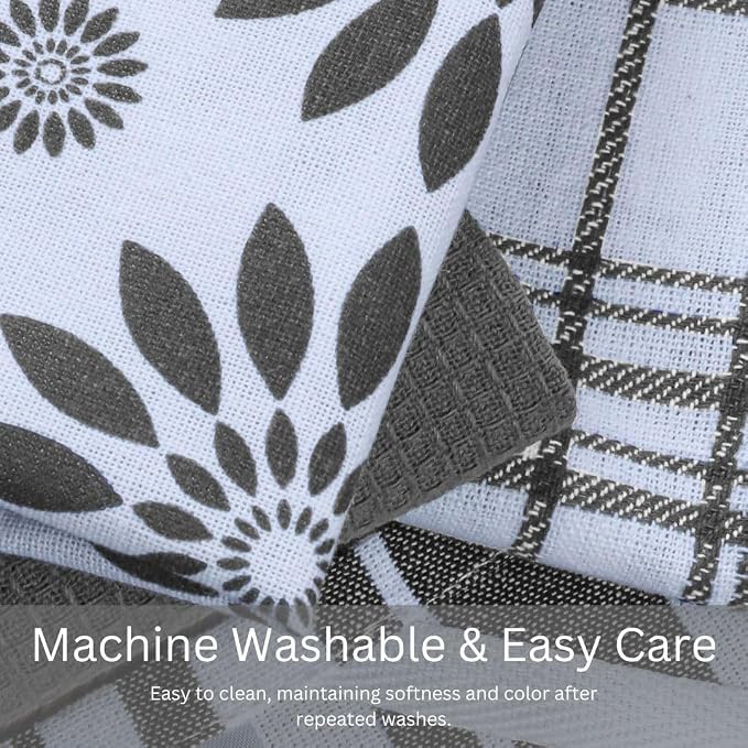 Assorted Kitchen Towels Set of 5-100% Cotton Dish Cloths Towels with Hanging Loop - Soft, Absorbent & Washable for Kitchen Use - Quick Drying Dish Towels 16x26 Inch Grey