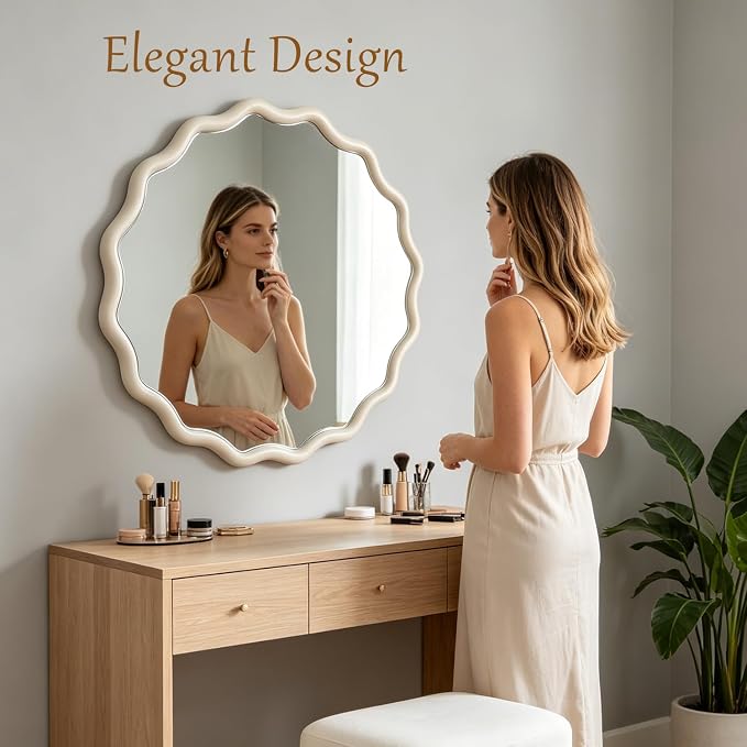 24" Wavy Edge Round Mirror, Solid Wood Framed Wall Decor with Clear Reflection for Bathroom, Bedroom, Living Room & Entryway (White)