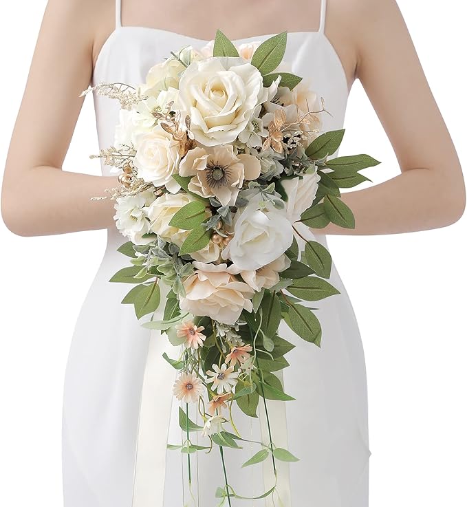 Serwalin 9.8 Inch Wedding Bouquets for Bride Bridesmaid, Champagne Rose Bridal Bouquets for Bride, Wedding Flowers Bouquet Tossing Bouquet, Wedding Ceremony and Anniversary Day Decoration