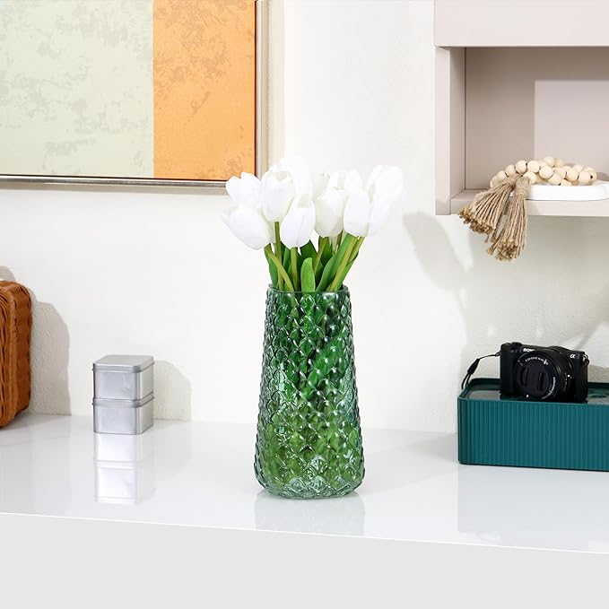Glass Vase, Green Flower Vase for Bouquet, Large Glass Vases for Flowers, Modern Vases for Living Room, Bedroom, Dining Table, Office, Kitchen, Wedding, 9 Inches
