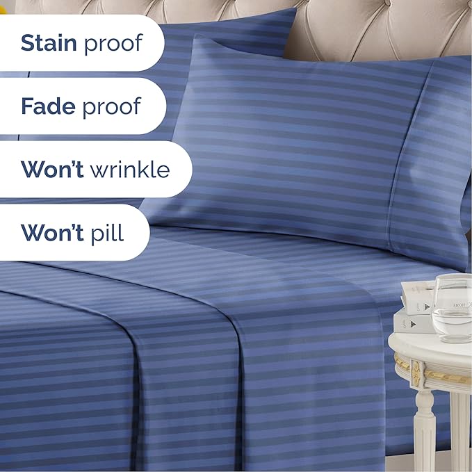 Striped Sheets - Blue Striped Sheets - 1 Flat & 1 Fitted & 2 Pillowcases w/ Deep Pockets – Comfy, Wrinkle & Fade Free - Ultra-Soft, Breathable & Cooling – Luxury Pinstripe Bedding - Full Size Bed Set