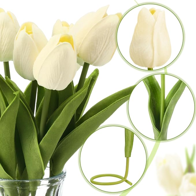 Janinka 75pcs Artificial Tulip Flowers Fake PU Tulips Faux Latex Bouquet Flower Centerpieces Arrangement Floral for Mother Day Wedding Spring Decorations (Milk White)