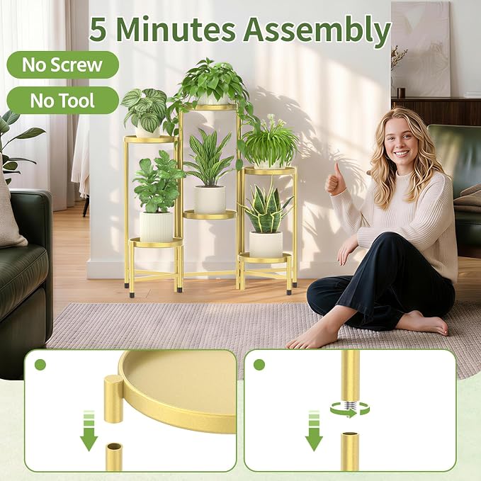 LASZOLA 6 Tier Large Plant Stand Indoor Tall with 10 Inch Metal Tray, Corner Folding Flower Display Rack, Modern Plant Holder Shelf for Outdoor Patio Porch Garden Office Living Room, Gold