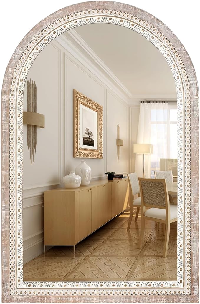 24 * 32 inch Arched Wall Mounted Mirror, Wood Decorative Mirrors, Boho Mirrors with Beaded Frame, Rustic Vanity Mirror, Distressed Mirror for Bathroom, Living Room, Bedroom, Entryway