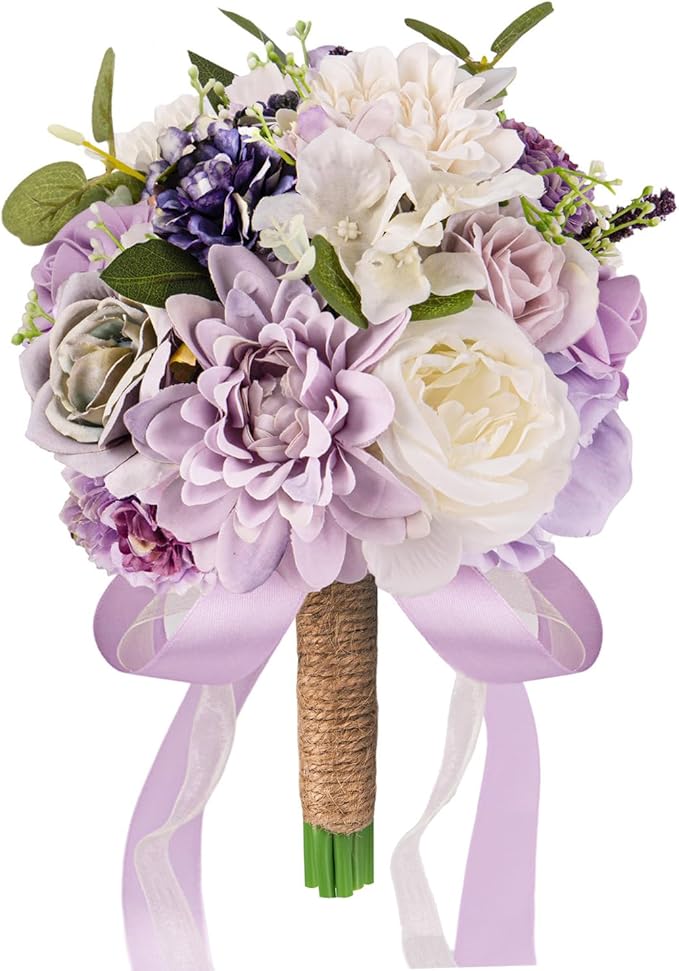 Lavender Purple Wedding Bouquets for Bride Bridesmaid,Lilac Bridal Bouquet Artificial Fake Silk Roses Flowers for Wedding Boho French Vintage Rustic Church Decoration Toss Bouquet (8.6in(M))