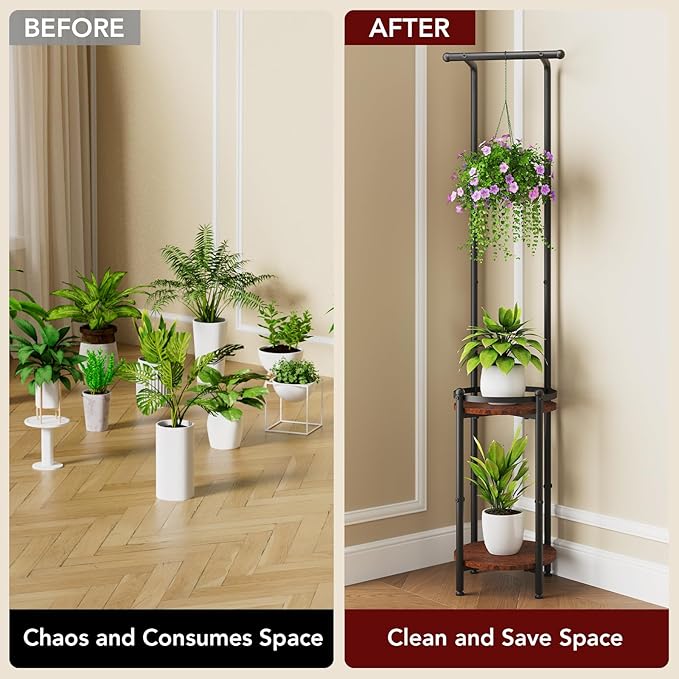 Homsorout Plant Stand Indoor Outdoor - Heavy Duty Metal 2-tier Hanging Plant Holder Space-Saving Iron Plant Stands Tall Plant Shelf for Living Room Garden Balcony（Rustic Brown and Black）