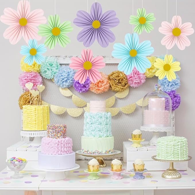 YUNXUAN Pastel Party Decorations Paper Fan Paper Flowers Decorations for Wall Flower Backdrop Classroom Baby Shower Birthday Flower Wall Decor Pack of 9 Rainbow
