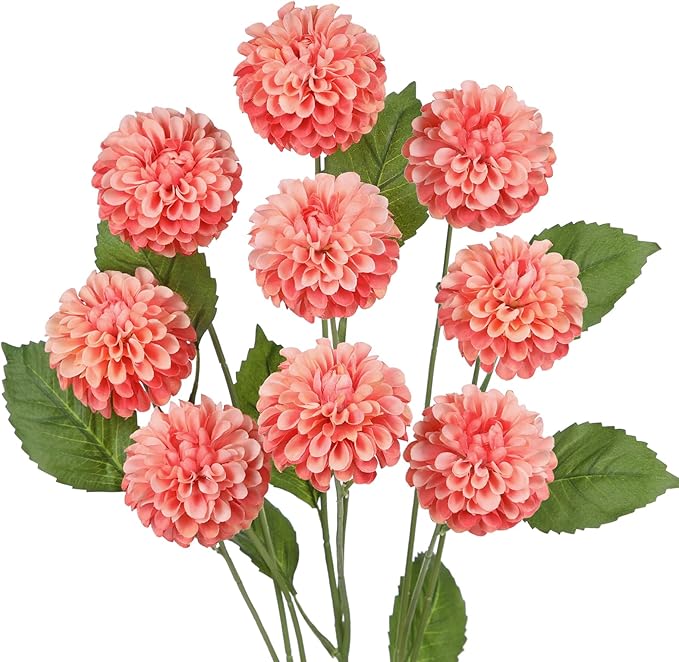 Hollyone 27.6" Pink Artificial Dahlia Flowers 3Pcs Fake Roses Bouquet Ball Dahlia Flower Arrangement Faux Pincushion Flower with 3 Heads Long Stem for Centerpiece Home Decor