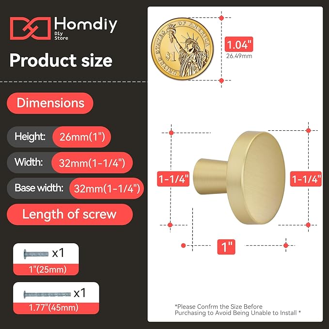 homdiy 50 Pack Gold Cabinet Knobs Round Brushed Brass Kitchen Handles Zinc Alloy Metal Hardware for Dresser Drawer Desk Cupboard