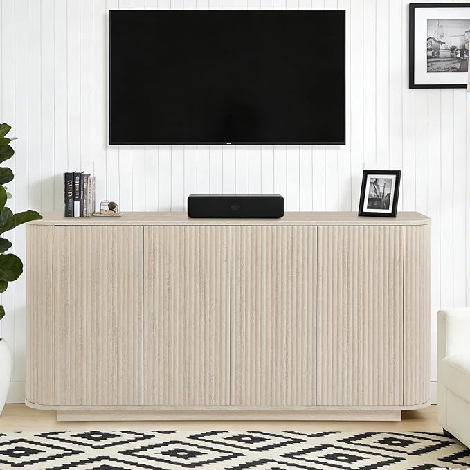 64" Sideboard Buffet Cabinet with Storage, Modern Fluted Accent Credenza with Adjustable Shelves, Wood Media Console Coffee Bar Table for Living Room Kitchen Dining Room, 31.5" H, Rock Grey
