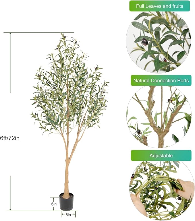 Tall Faux Olive Tree，6Ft(72in) Realistic Texture Potted Silk Artificial Olive Tree， Fake Olive Trees Indoor Outdoor for Home Office Living Room Bedroom Foyer Porch Decor.