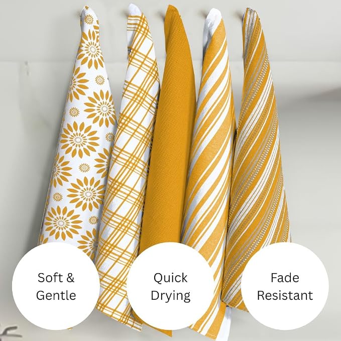 Assorted Kitchen Towels Set of 5-100% Cotton Dish Cloths Towels with Hanging Loop - Soft, Absorbent & Washable for Kitchen Use - Quick Drying Dish Towels 16x26 Inch Mustard Yellow