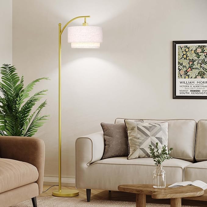 SUNMORY Floor Lamps for Living Room with 12W LED Bulb, Arc Floor Lamp with 3 Color Temperatures, Modern Floor Lamps with Adjustable Double Fabric Shades, Tall Standing Lamp for Bedroom, Corner