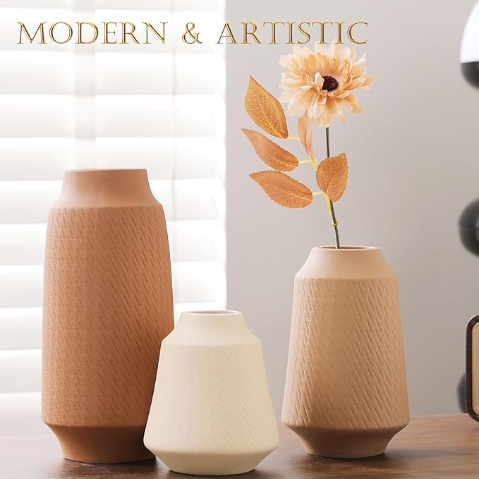 Ceramic Vase Set of 3 - Handcrafted Ceramic Vases for Home Decor & Shelf - Modern Farmhouse Decor for Kitchen, Office, Bedroom & Living Room Decorative Objects for Mantel, Table Centerpieces