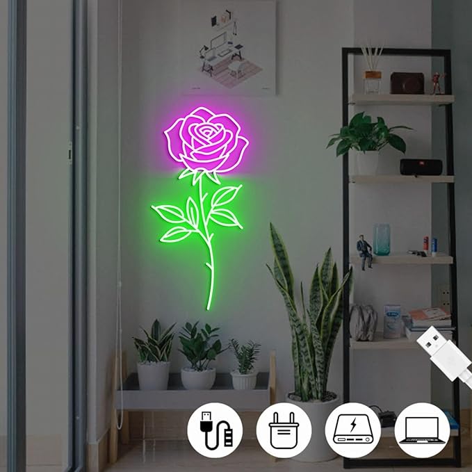 Rose Flower Neon Sign - Dimmable, Customizable Colors, Ideal Love Neon Sign & Neon Signs for Wall Decor, Perfect for Couples' Bedrooms, Wedding Spaces, Romantic Enthusiasts' Homes, Great Gift for Lovers & Romantic Style Fans