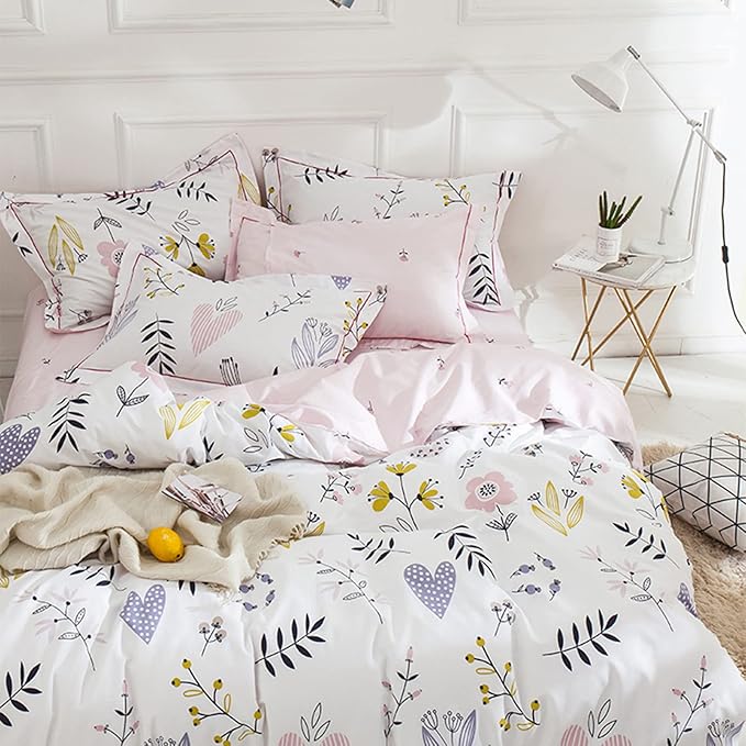 HighBuy Girls Duvet Cover King Floral Aesthetic Coquette Bedding Set White Pink Premium Cotton Teens Flower Bedding Set King Kids Comforter Cover Soft Branches Bedding Collection King Pink
