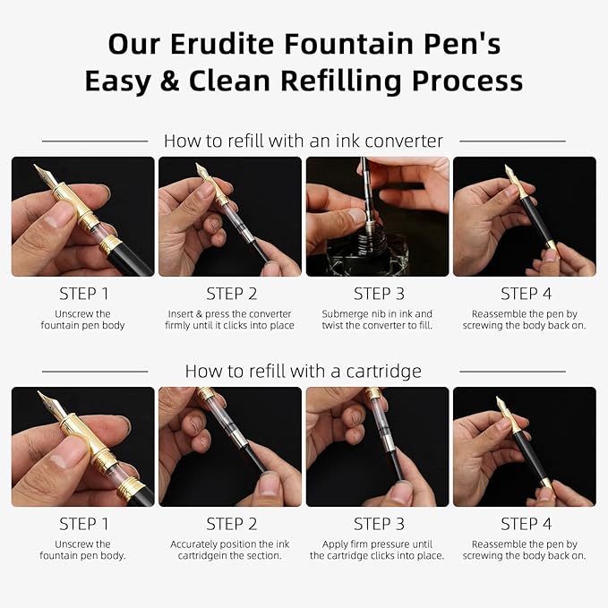 YUMSWETP Luxury Fountain Pen Gift Set For Writing Smooth, Fine Nib, Includes Refillable Ink Converter &10 Black 3.4mm Ink Cartridges Metal Pen,Journaling Fancy Pen