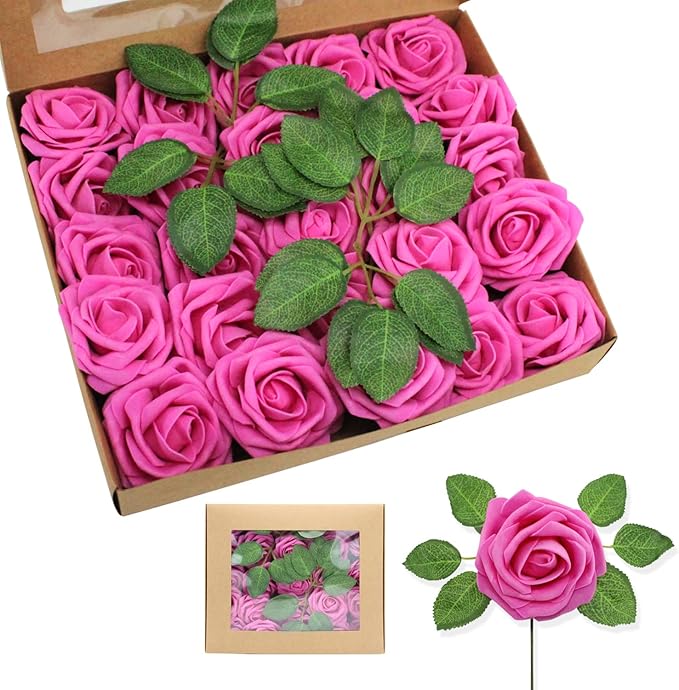 Artificial Roses Flowers 50pcs Real Looking Foam Fake Roses with Stems for DIY Wedding Bouquets Bridal Shower Centerpieces Party Decorations (50, Rose Red)