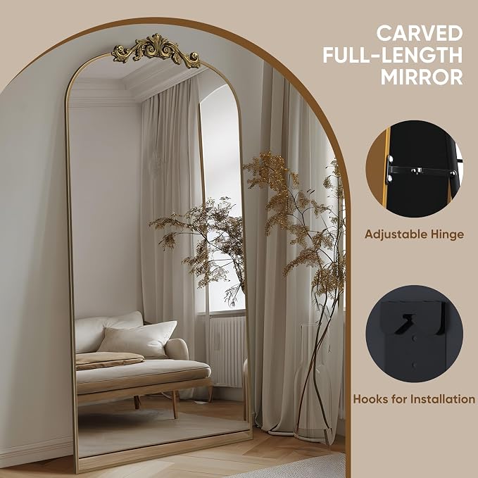 Antok Arched Full Length Mirror, 71"x28" Floor Mirror with Carved Frame, Standing/Wall Hanging Large Mirror for Bedroom, Living Room, Cloakroom, Bronze, Retro Style