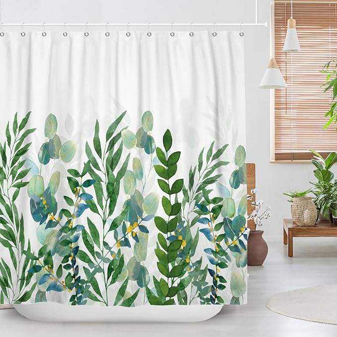 Spring Shower Curtain, Watercolor Mint Green Leaf Shower Curtain, Sage Green Plant Leaves Eucalyptus Shower Curtain, Greenery Botanical Curtain for Bathroom Country Decor, 72x72in w/12 Hooks