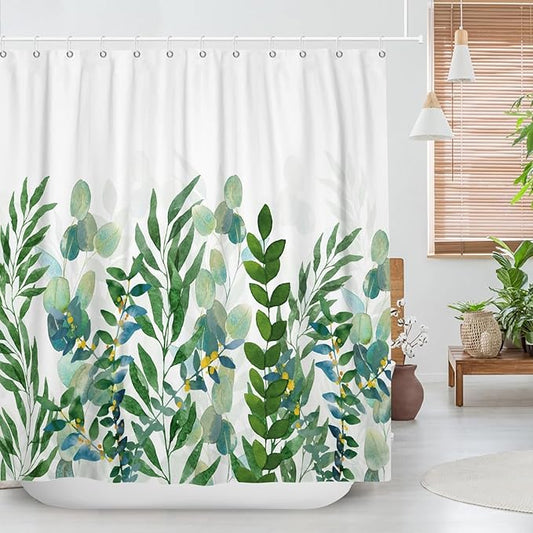 Spring Shower Curtain, Watercolor Mint Green Leaf Shower Curtain, Sage Green Plant Leaves Eucalyptus Shower Curtain, Greenery Botanical Curtain for Bathroom Country Decor, 72x72in w/12 Hooks