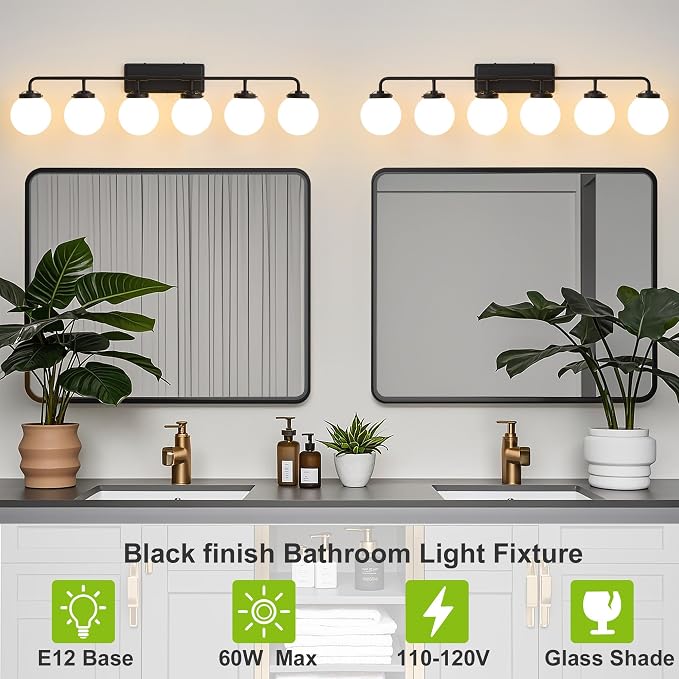 Bathroom Light Fixtures Over Mirror, 6-Light Matte Black Vanity Lighting with Milk White Glass Globe Shades Modern Wall Sconce