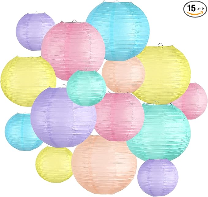 Pastel Paper Lanterns Decorative, Classroom Decor Macaron-Color Neon Hanging Paper Lantern Decorations for Easter Party Decorations, Baby Shower Wedding Birthday Mother's Day, 15Pcs