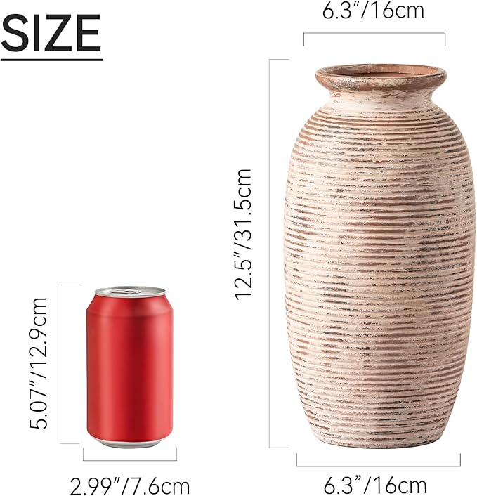 Ceramic Rustic Flower Vase, Large Farmhouse Vases Home Decor, 12.5" Tall Pottery Decorative Pampas Vase for Table Living Room Entryway Mantel Bookshelf Bedroom Bathroom Kitchen