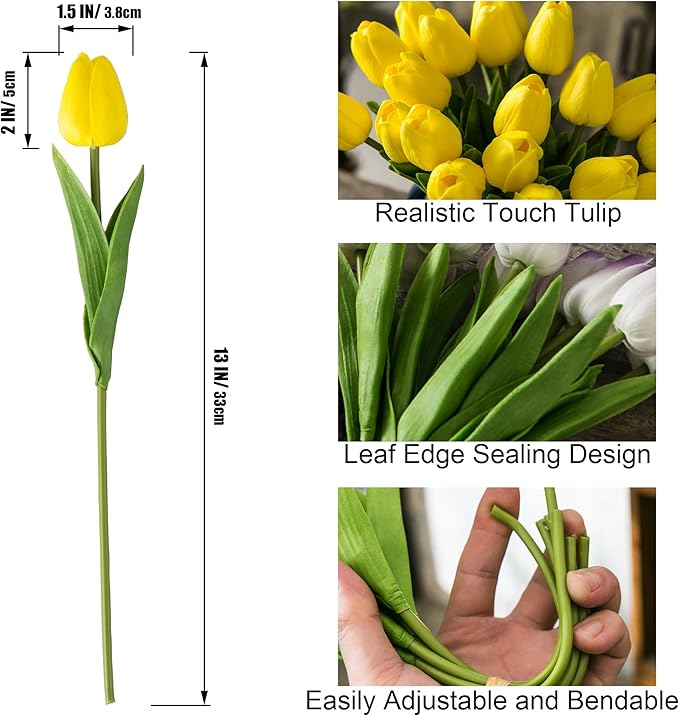 20pcs Yellow Artificial Tulip Flowers, Silk Fake Flowers 13" for Mother's Day, Easter, Valentine’s Day Gifts in Bulk, Home, Kitchen, Wedding Decorations