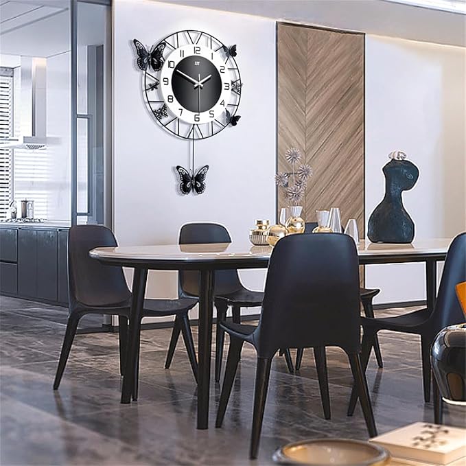Large Wall Clock 20 Inch, Modern Pendulum Wall Clock Butterfly Art Decor Silent Non-Ticking, Home Décor for Living Room, Kitchen, Dining Room, Bedroom