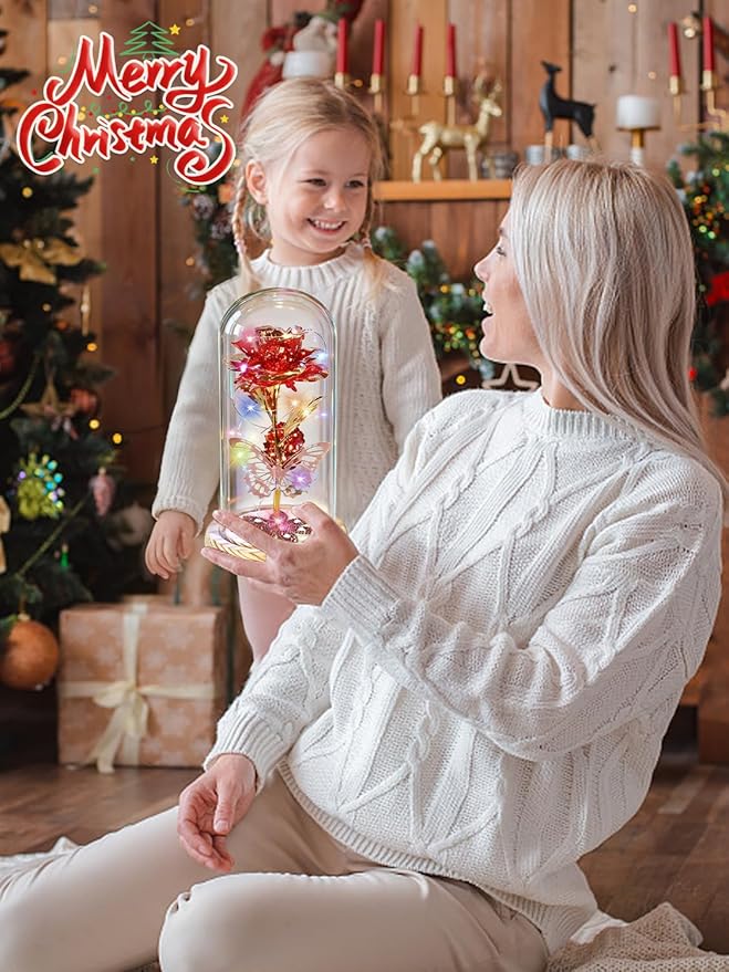 Beferr Christmas Birthday Gifts for Women, Mom Gifts for Christmas Galaxy Glass Rose Forever Preserved Flowers for Delivery Prime Rose in Glass Dome Xmas Gifts for Grandma Wife Sister Her, Red