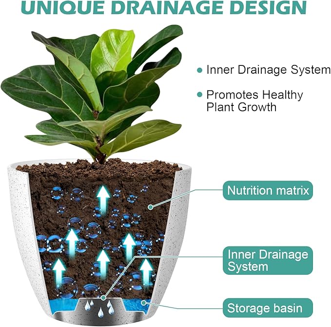Vanavazon Plant Pots 9/8/7 Inch Set of 3 Flower Pots Indoor Outdoor Plastic Planters with Drainage Hole and Tray (Speckled White)