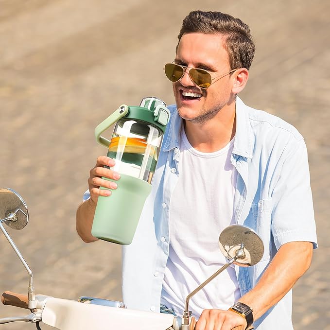 Glass Tumbler with Carry Handle, Clear Glass Water Bottle with Leakproof Lid, Spout Lid&Straw, BPA-Free, 32 oz, Light Green