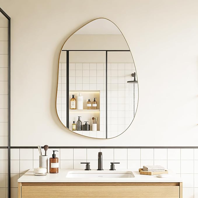 Irregular Wall Mirror Asymmetrical Mirror, Gold Mirror for Bathroom Living Room Entryway Bedroom, Decorative Modern Mirror, Tempered Glass, Shatterproof, Hangs Horizontally or Vertically (32" x 24")