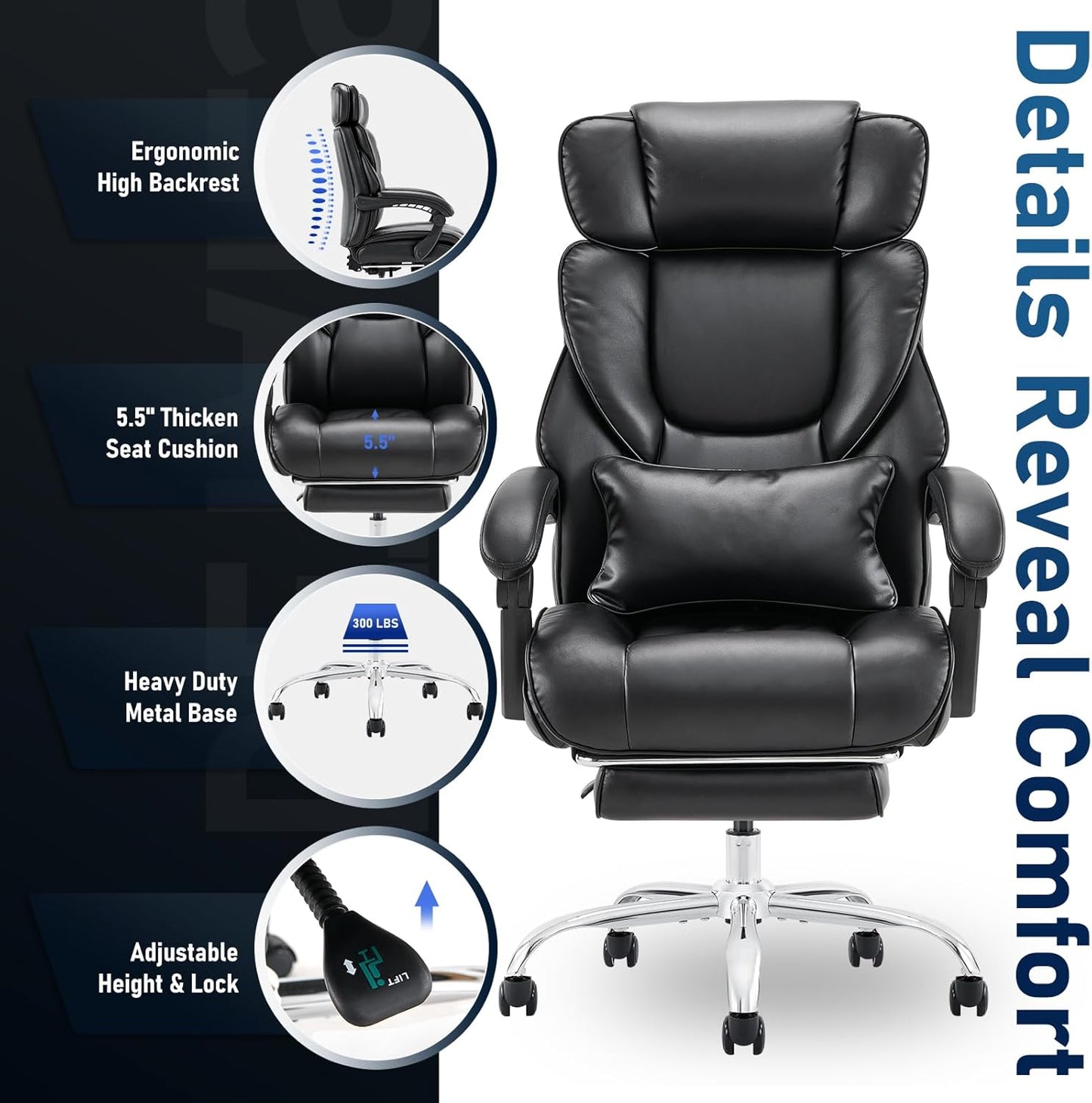 Skiennix High Back Office Chair - Ergonomic Bonded Leather with Adjustable Headrest & Footrest | Black