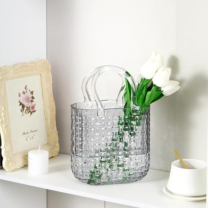Glass Purse Vase, Purse Vase for Flowers, Black Purse Flower Vase, Wide Mouth Glass Bag Vases, 10 Inch Large Glass Vases, Handbag Shaped Vases for Home, Office Decor