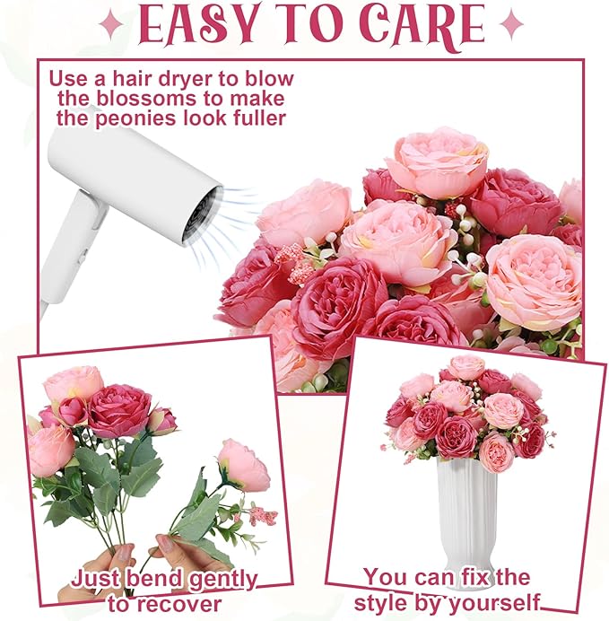 8 Pack Pink, Dark Pink Peonies Artificial Flowers, Fake Silk Hydrangea Bouquet for Bridal Wedding Home Table Decor Reusable Dining Opening Ceremony Birthday Arrangement Faux Floral