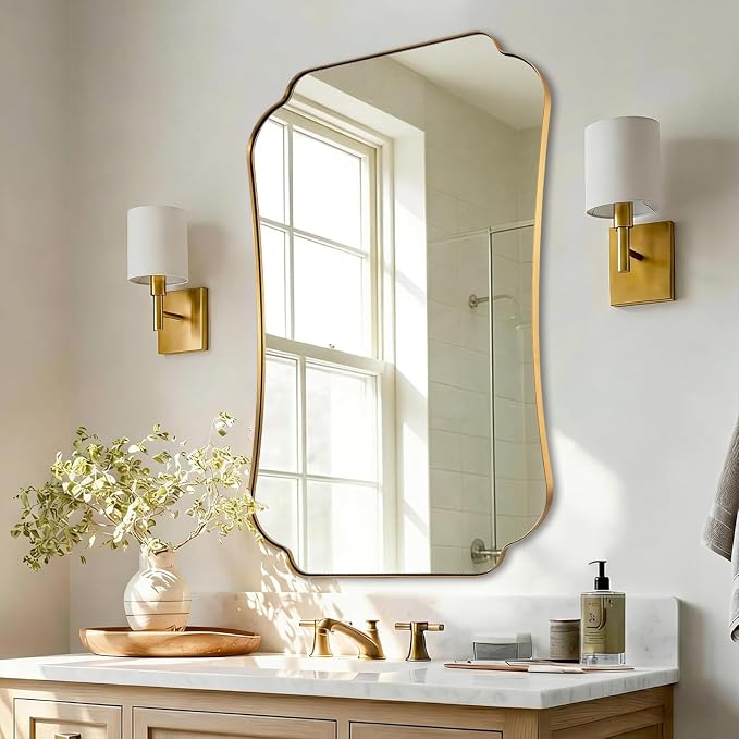 ANDY STAR 24"x32" Gold Mirror, Brushed Brass Scalloped Wall Mirror, Bathroom Wall Mirror with Stainless Steel Metal Framed Ideal for Bedroom, Hallway