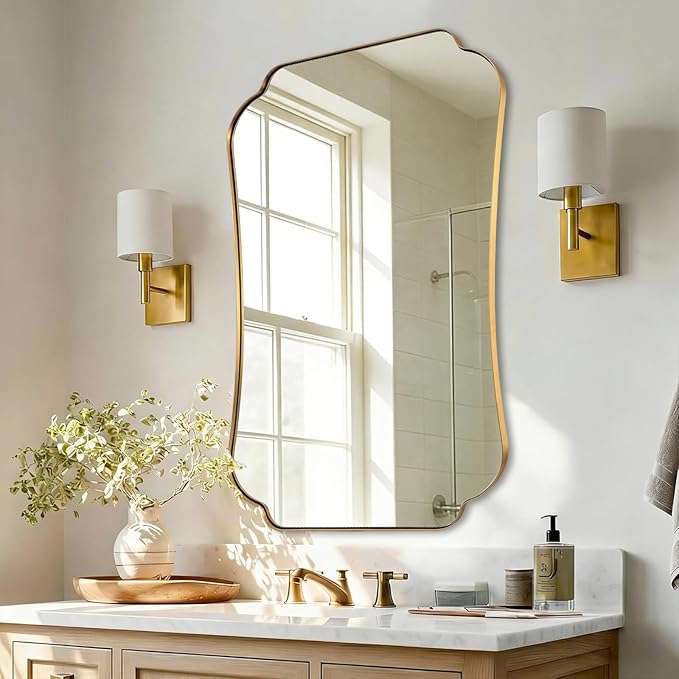 ANDY STAR 24"x36" Gold Mirror, Brushed Brass Scalloped Wall Mirror, Bathroom Wall Mirror with Stainless Steel Metal Framed Ideal for Bedroom, Hallway