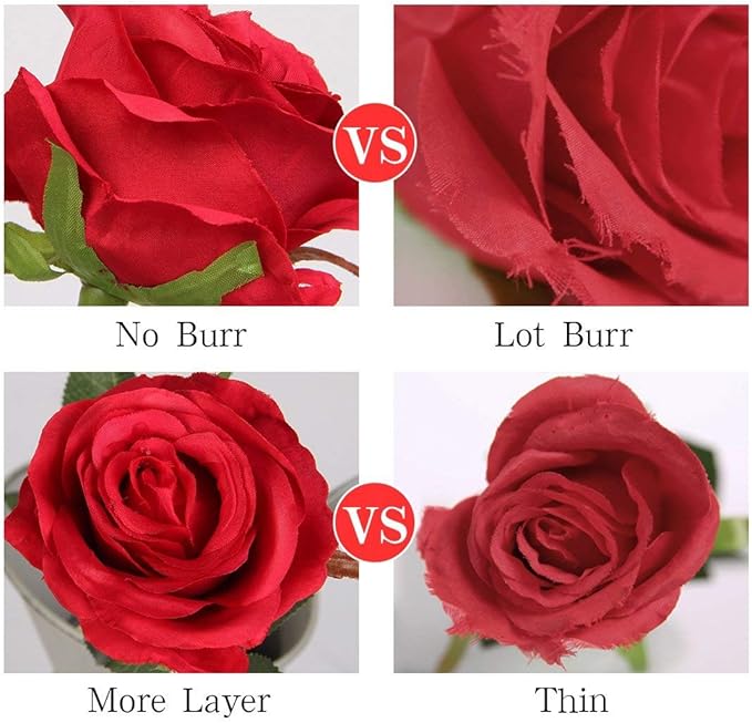 Veryhome Artificial Flowers Silk Roses Fake Bridal Wedding Bouquet for Home Garden Party Floral Decor 10 Pcs (Red Curved stem)