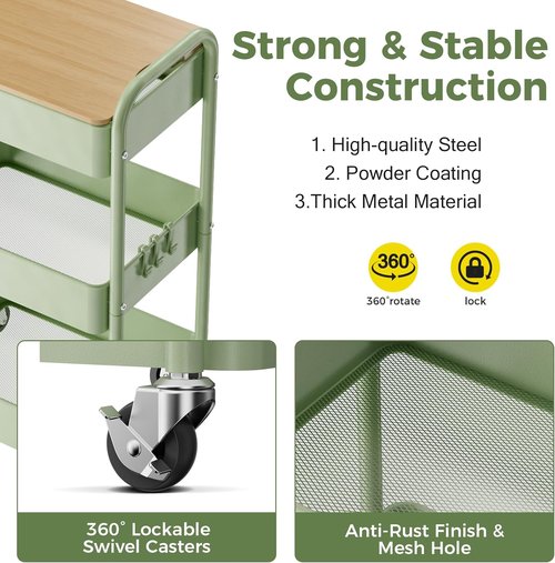Skiennix 3-Tier Rolling Cart - Sturdy Metal Utility Organizer with Locking Wheels & Hooks | Versatile for Office, Kitchen, Bathroom
